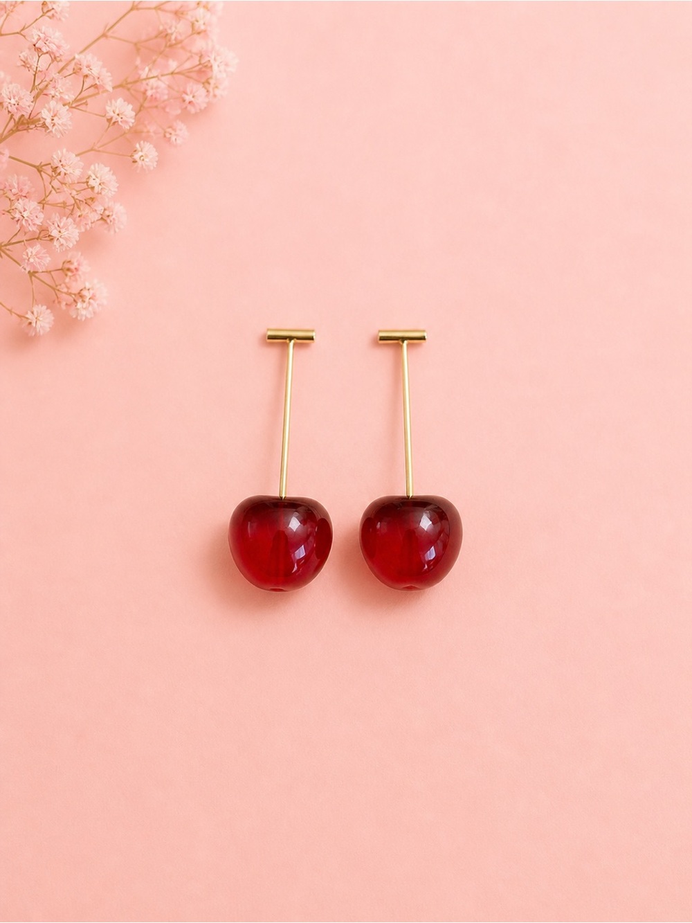 Gold Drop Cherry Earrings - Red -